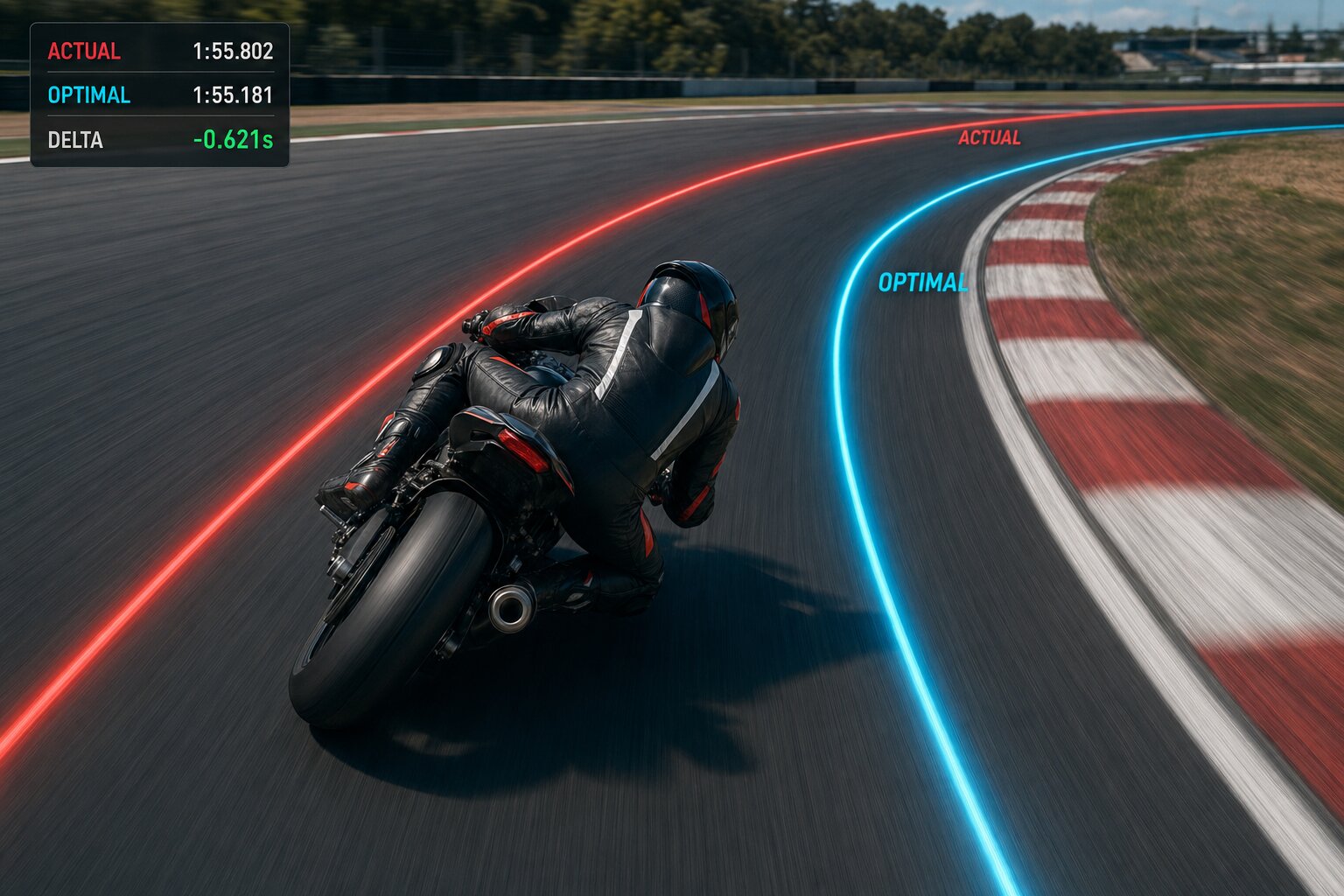 Chase view comparing two measured cornering lines with their lap-time delta